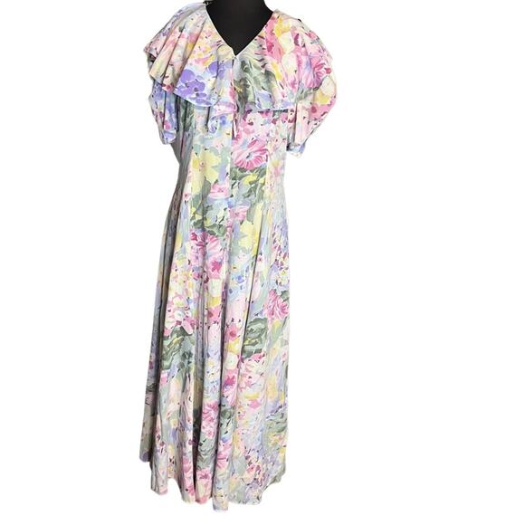 Vtg Floral Ruffled Feminine Maxi Dress M Coquette Pastel Romantic Boho Cottage - Picture 1 of 5